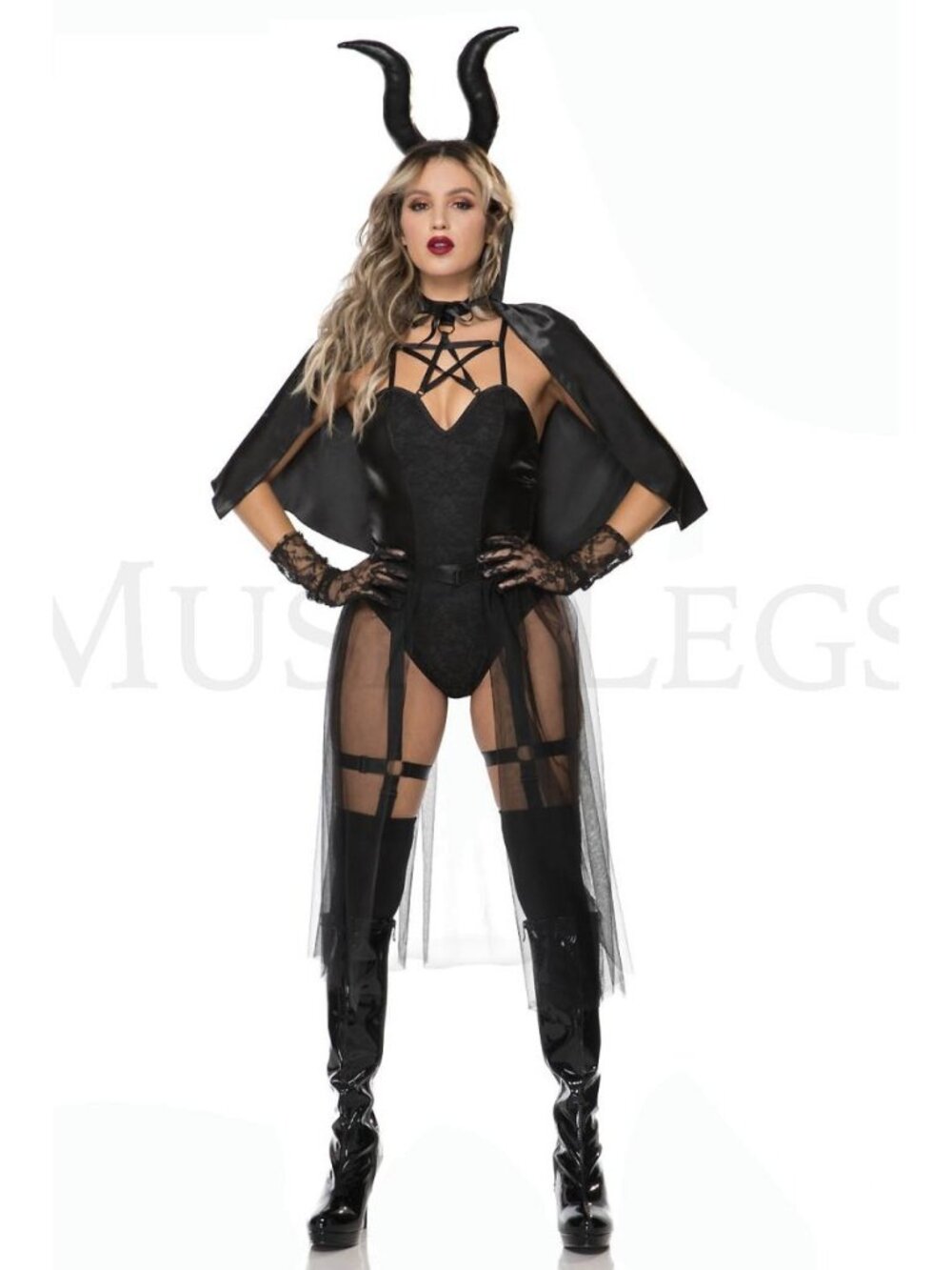 Music Legs Dark Devil Black Bodysuit Horns Cape Fishnet Costume Cosplay X-Small